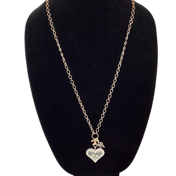 Origami Owl Large Silver Hinged Heart Locket Crystals Sister Charm Gold Chain - Picture 4 of 6